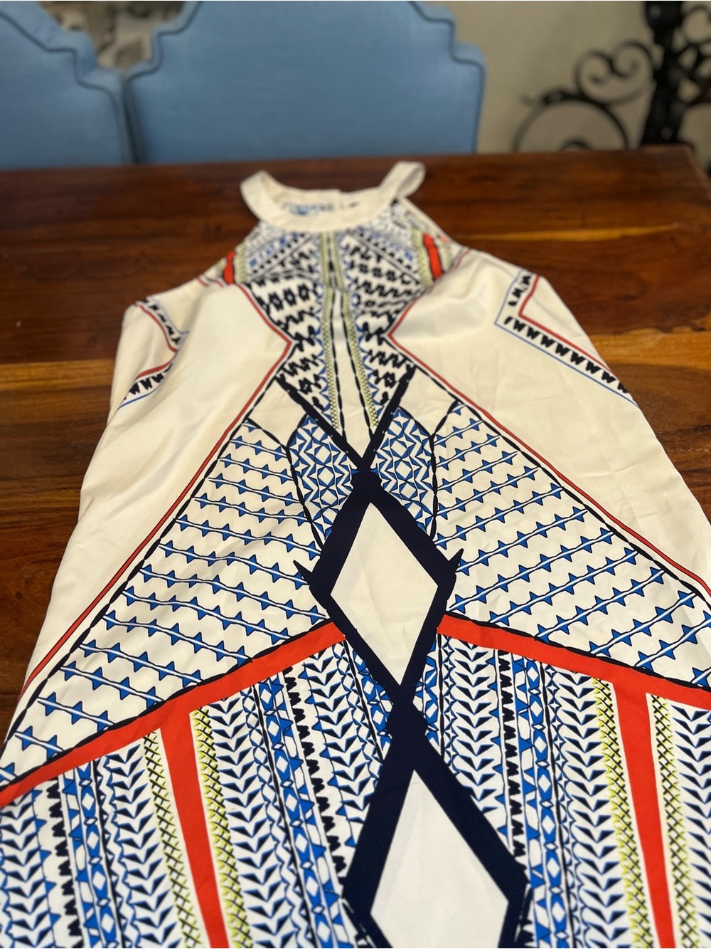 VENUS White Halter Mini Dress with Blue and Red Geometric Print